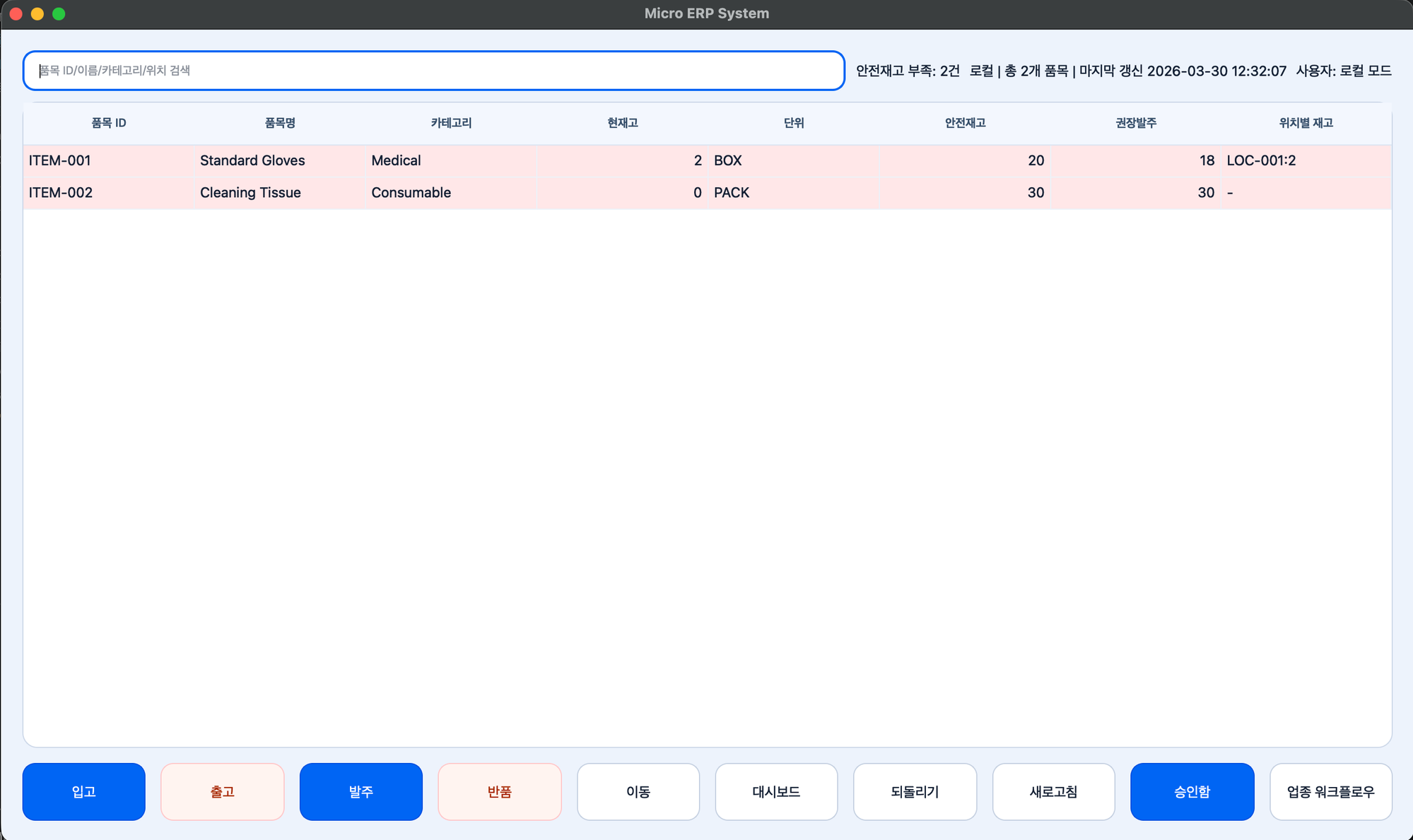 Micro ERP 메인 화면
